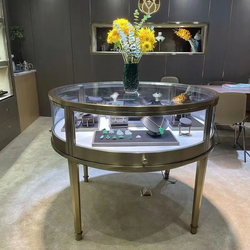 Custom Jewelry shop jewelry glass display luxury round stainless steel jewelry display cabinet for sale
