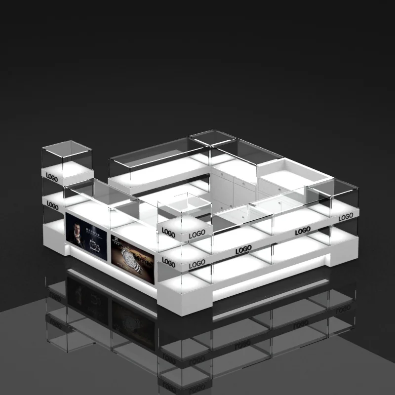 Custom, custom retail watches store furniture watch glass display showcase with LED lights watch retail mall kiosk
