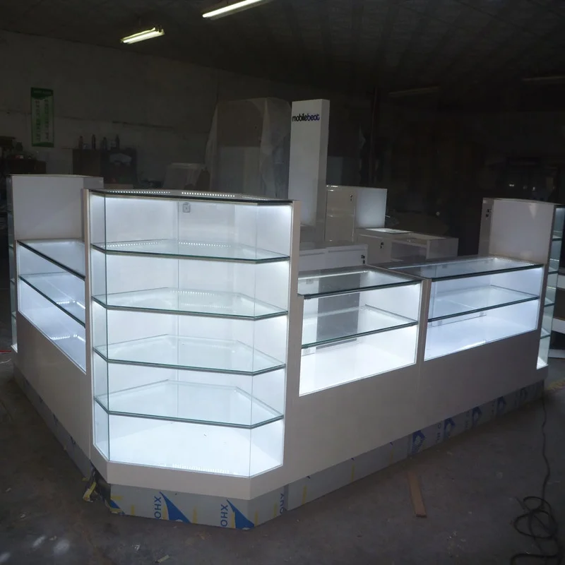 custom，Mall Phone Kiosk Wooden Mobile Display Counter with LED Light Modern Phone Repair Station Cellphone Accessories Kiosk Bo