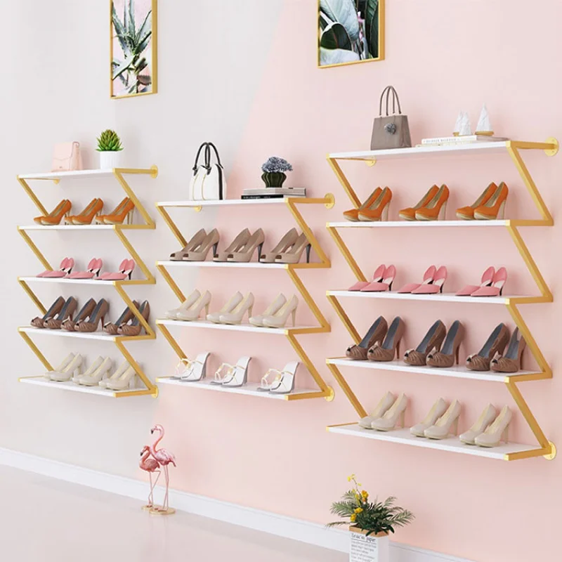 custom，Space Saving Luxury Shoe Store Furniture Gold Metal Wall Mounted Shoes Display Stand Rack Shelf for Retail Shop