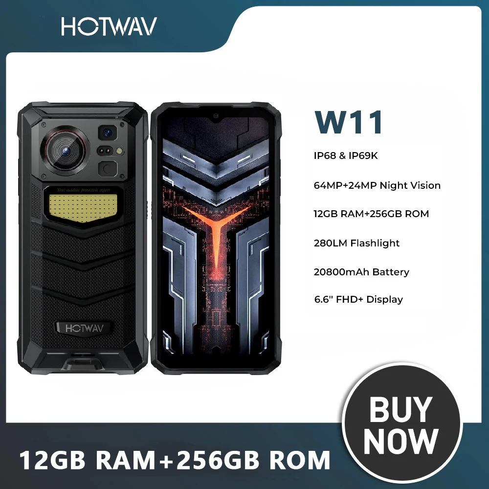 HOTWAV W11 Rugged Phone 6GB+256GB 280LM Flashlight 24MP Night Vision 20800mAh 6.6'' FHD+ Display Android 13 MT8788 4G 