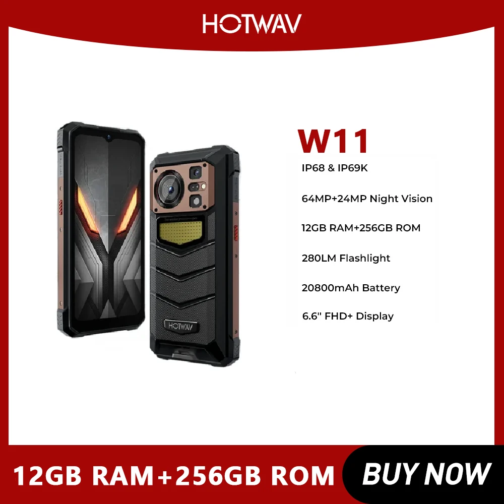 HOTWAV-W11 Rugged Smartphone, Fast Charging Cellphones, FHD +, 24MP Night Vision Camera, 20800mAh, 280LM Flashlight, 33W, 6.6&ap