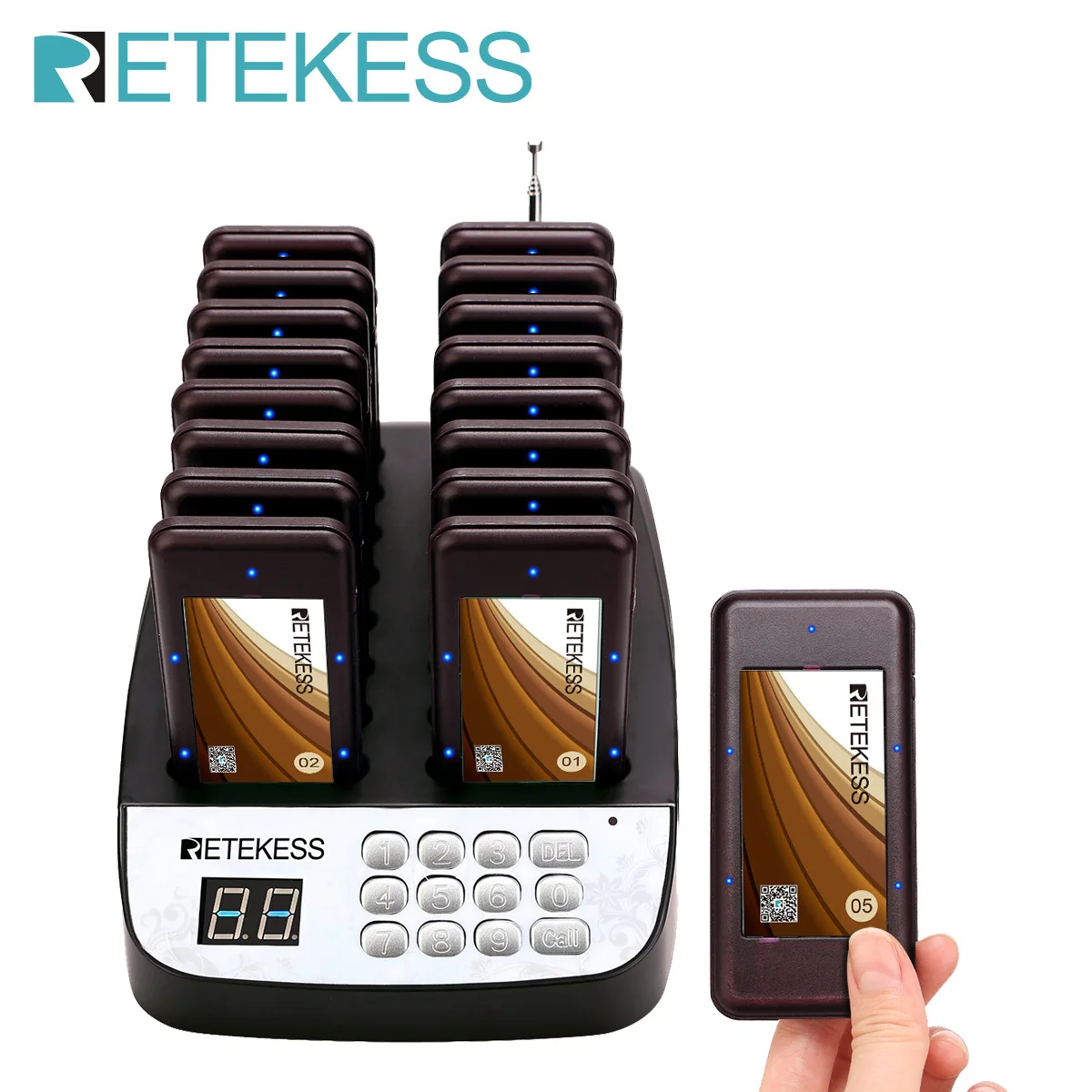 Retekess T113 Restaurant Pager System Guest Queue Pager System 16 Coasters Buzzer Pager Receivers For Cafe Food Court Bar Hotel