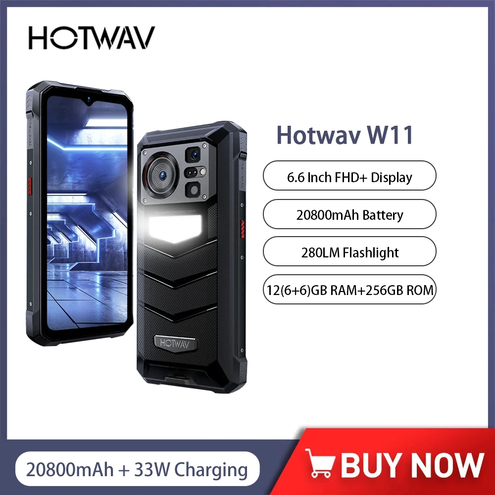 HOTWAV W11 Rugged Smartphone Android 13 6.6'' FHD+ 12GB RAM 256GB ROM 20800mAh 280LM Flashlight 33W Fast Charging Cell