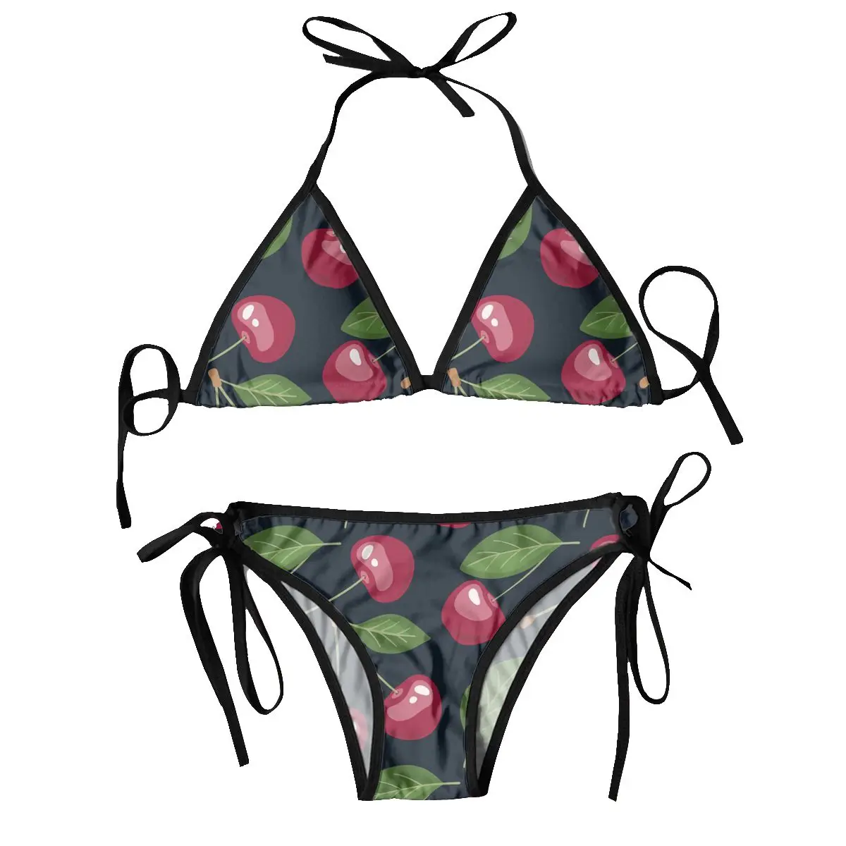 Women Triangle Swimsuit Lace-up Bikini Set Sexy Halter Swimwear Pushup Cherry