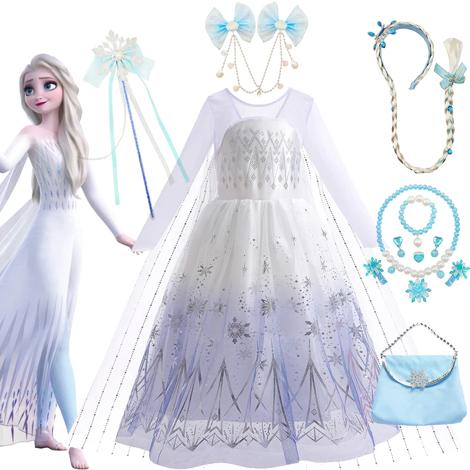 Frozen 2 Princess Elsa White Dress Girls Cosplay Outfits Sequin Tulle Frock Kids Fantasy Party Costume Halloween Disguise Sets