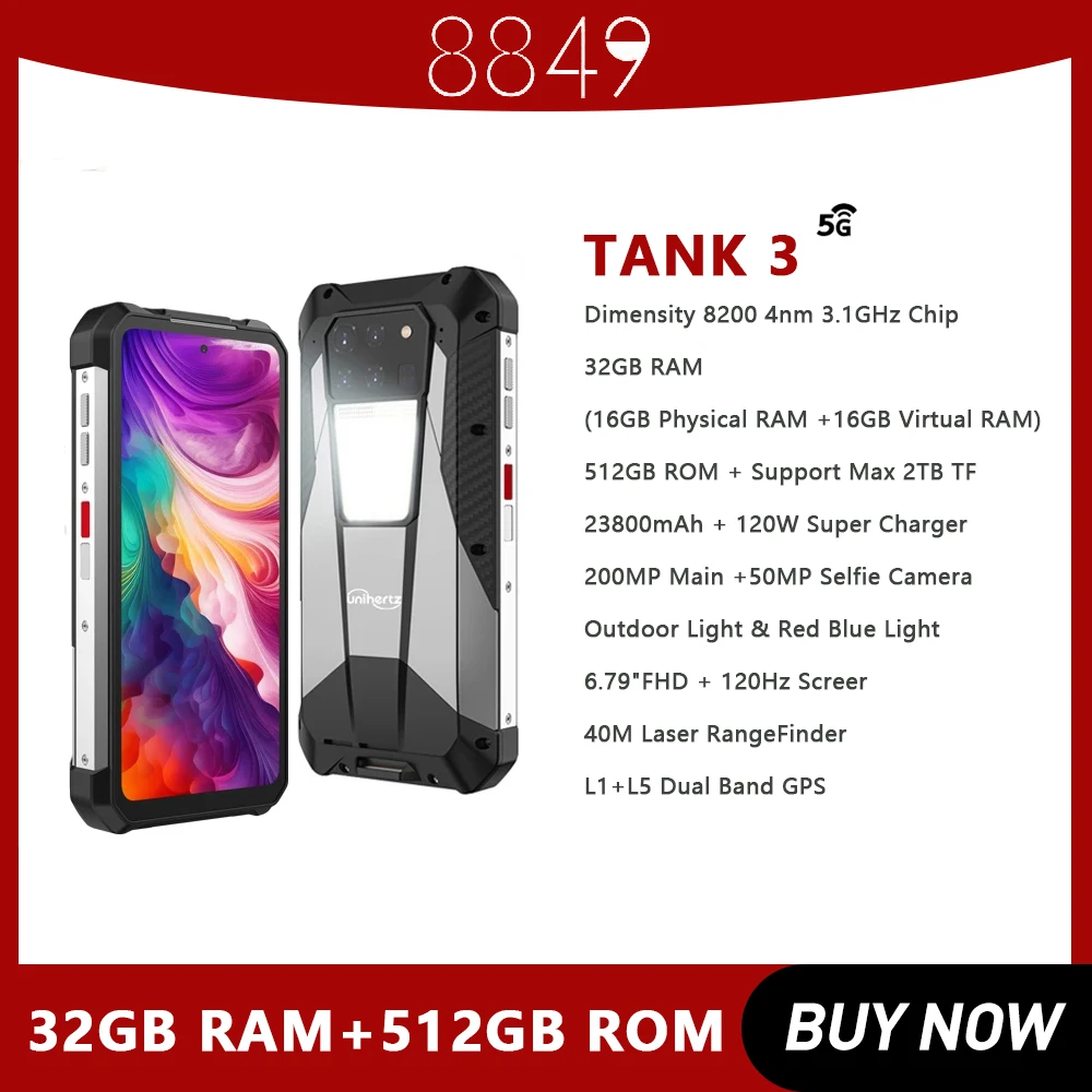 Unihertz 8849 Tank 3 Rugged Smartphone Android 14 23800mAh 5G Outdoor Cell Phone Unlocked 32GB +512GB Phone Dimensity 8200 CPU