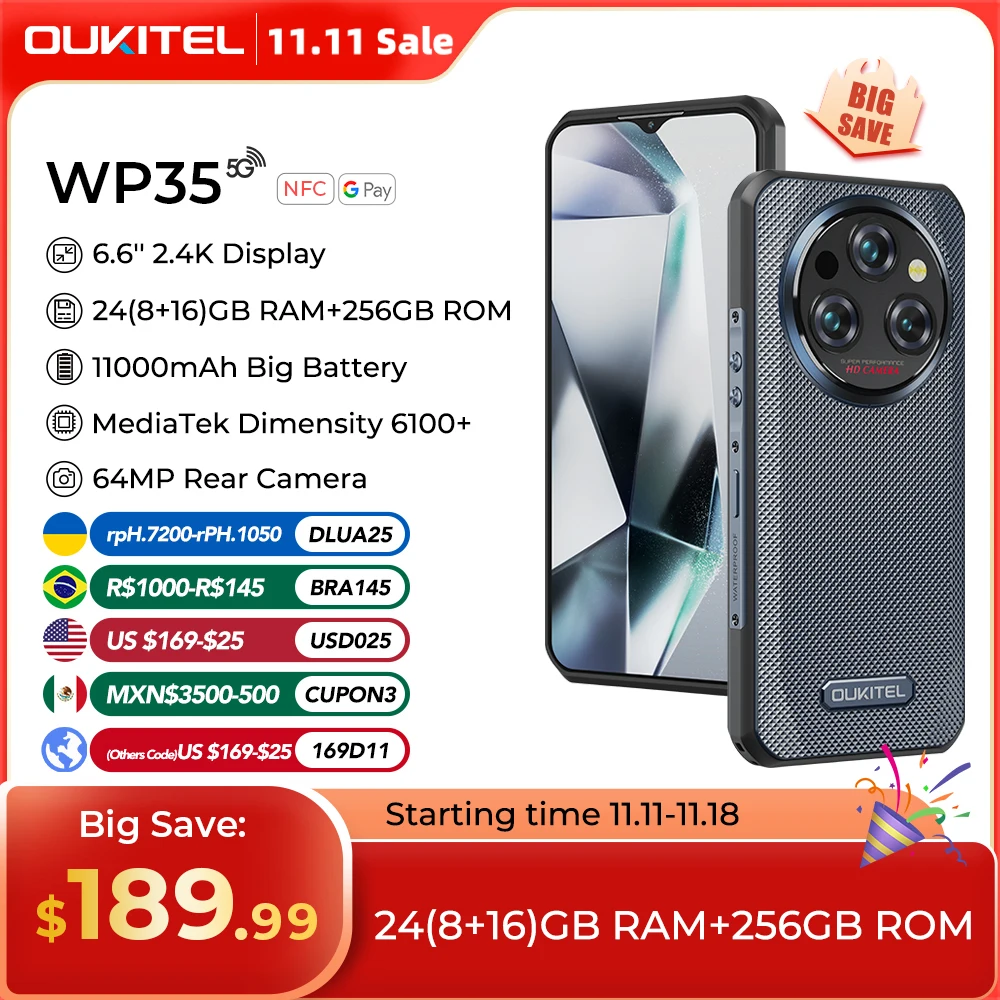 Oukitel WP35 Rugged Phone MTK 7025, 5G, 11000mAh, 6.6" FHD+, 24GB + 256GB, 108MP, NFC Android 15 Smartphone