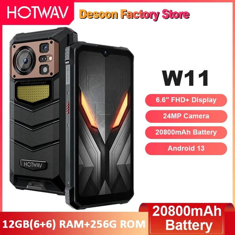 HOTWAV W11 Rugged Phone 6.6'' FHD+ Smartphone Android 13 Octa-Core 20800mAh Battery 12GB(6+6) RAM+256G ROM 24MP Camera