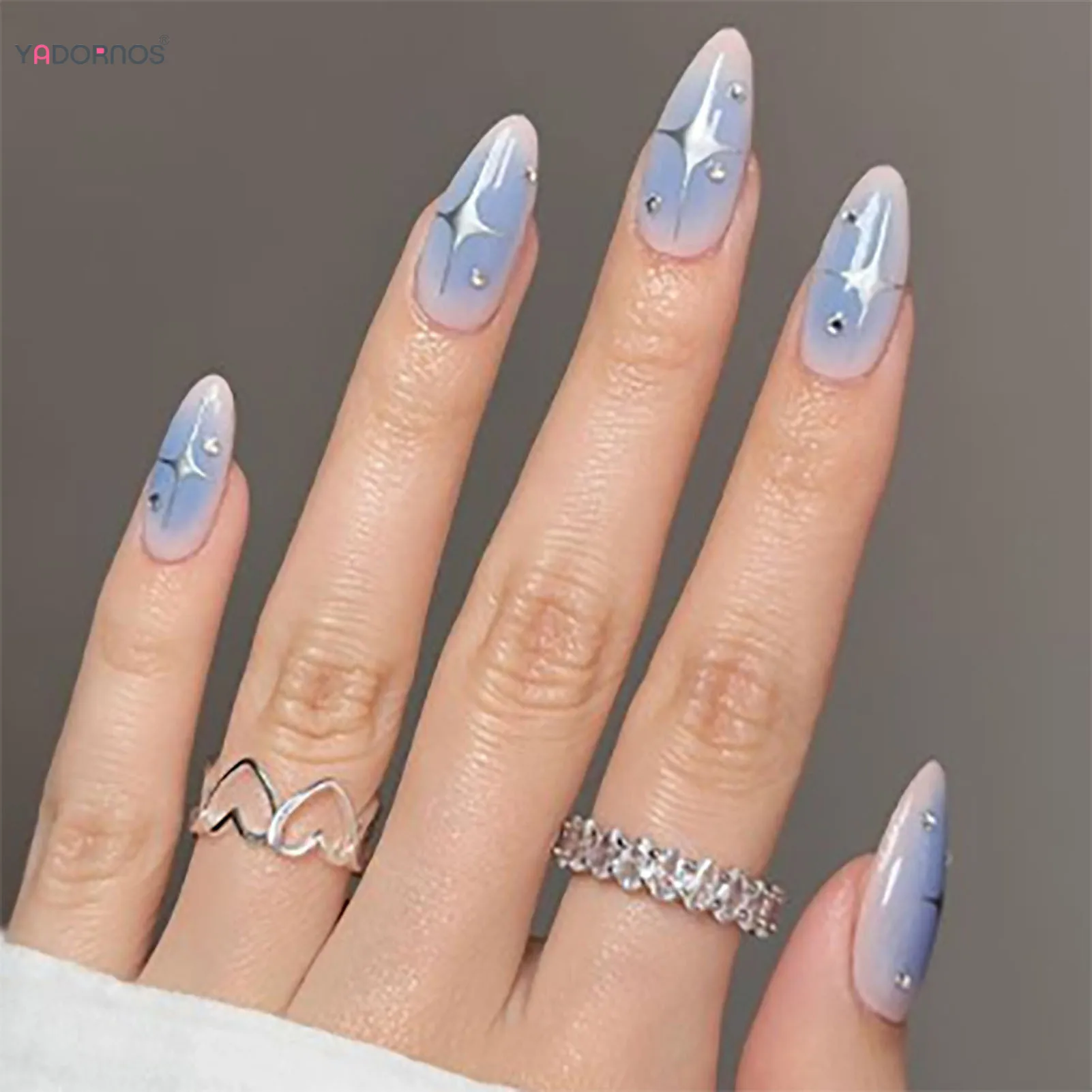 Y2K Girls Almond Fake Nails Gradient Blue Press on Nail Star Printed Full Cover Wearable False Nails Tips for Women DIY Manicure