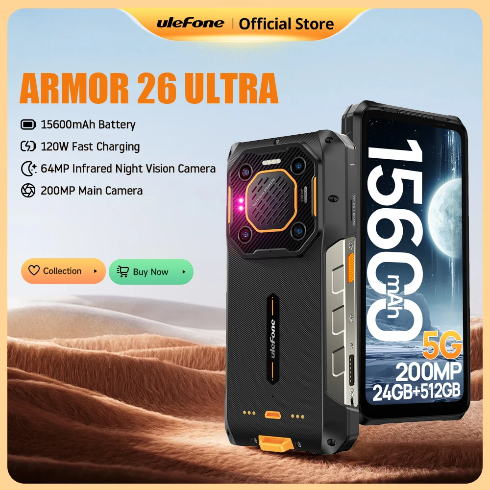 Ulefone Armor 26 Ultra 5G Rugged Waterproof Smartphone 120W 15600mAh 200MP Phone Up to 24GB+512GB NFC Android NFC 6.78"120H