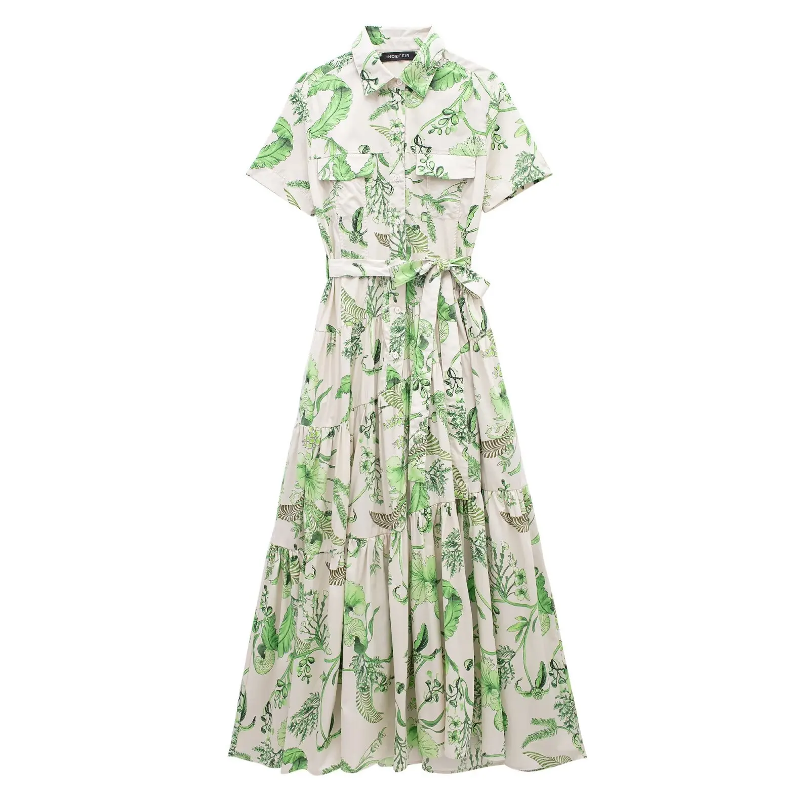Women's Elegant Printed Dress Shirt Style Short Sleeve Dress Tie Waist Single Breasted Loose Floral Dress