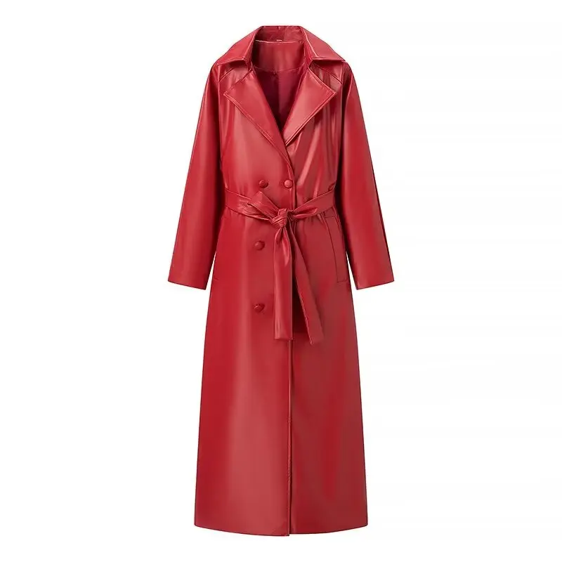 Plus Size Women's Clothing Extended Leather Jacket Double Breasted Trench Coat With Independently Removable Belt Leather Ja