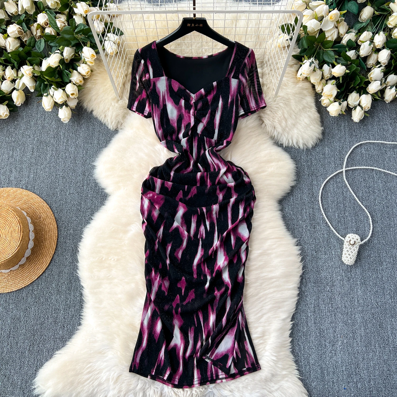 Sexy square Collar Light luxury pleated Dress Chic Elegant basics Women Tie dye Korean Fashion summer A-line sweet dresses