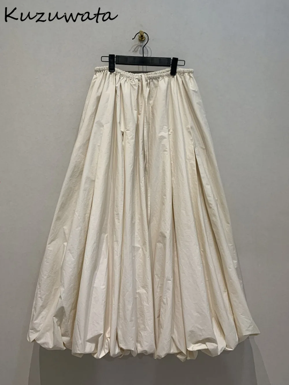 Kuzuwata New A-line Solid Ruched Skirt Fit High Waist Lace Up Loose Casual Faldas Japan French Style Lazy Lantern Mujer Faldas