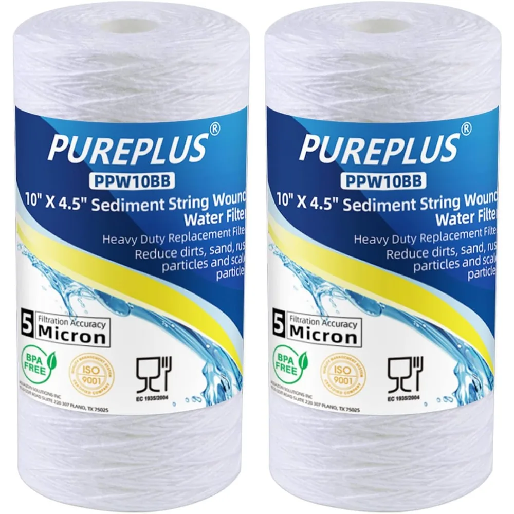 PUREPLUS 5 Micron 4.5" x 10" Whole House String Wound Sediment Filter for Well Water, Replacement Cartridge for 84637