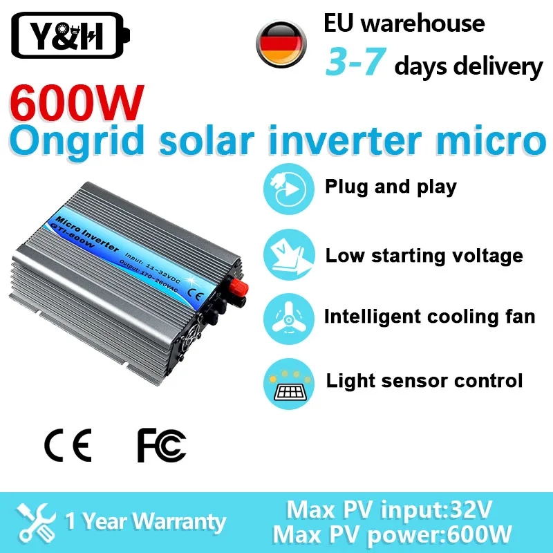 Y&H 600W Solar Gird Inverter 24V Battery Micro Portable solar network inverter Pure sinusoidal Mppt solar station For 220V 1