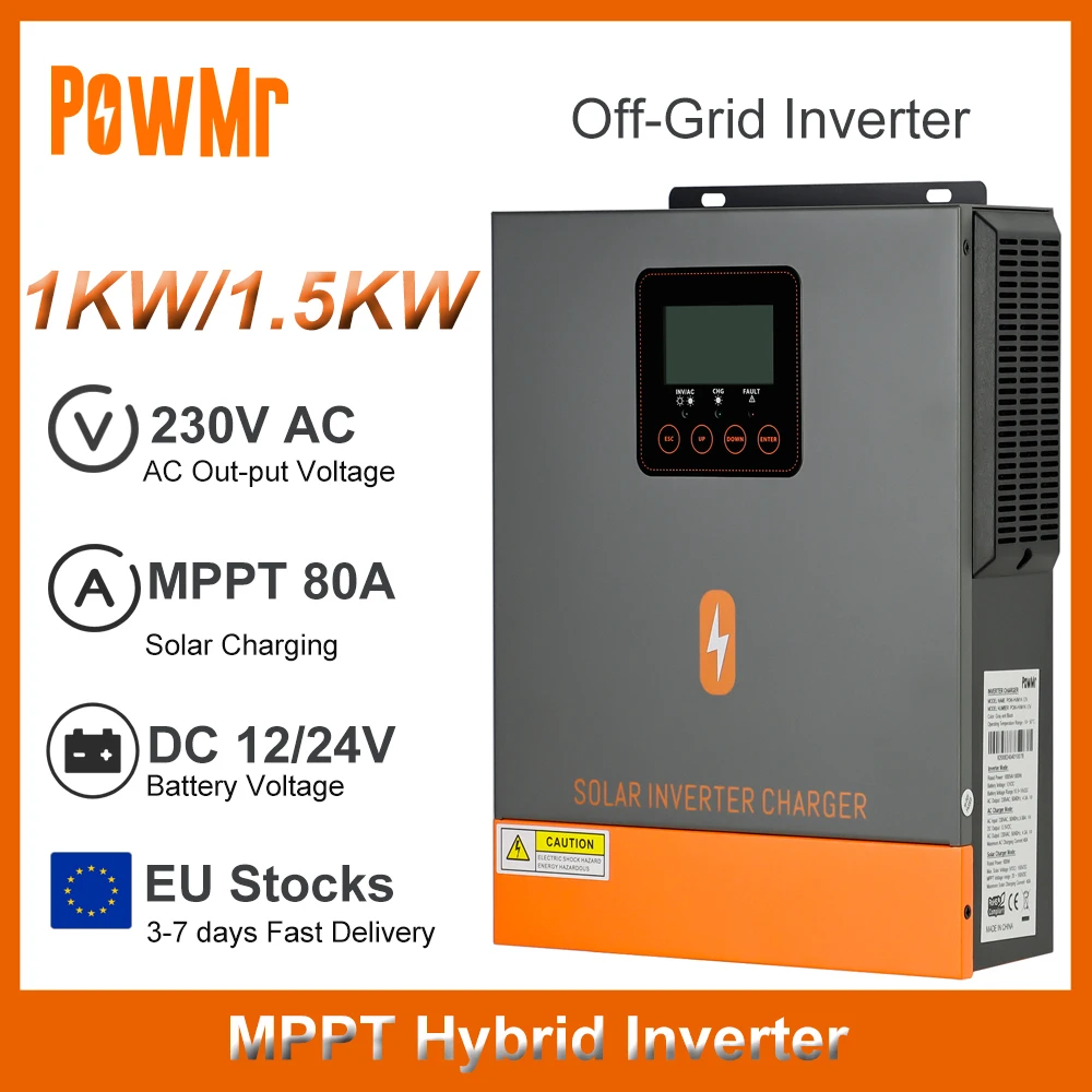 1.5KW 1KW Hybrid Inverter DC 12V/24V to 230V AC Built-In 80Amp Solar Charge Controller Pure Sine Wave Inverter and Max PV 150Vdc