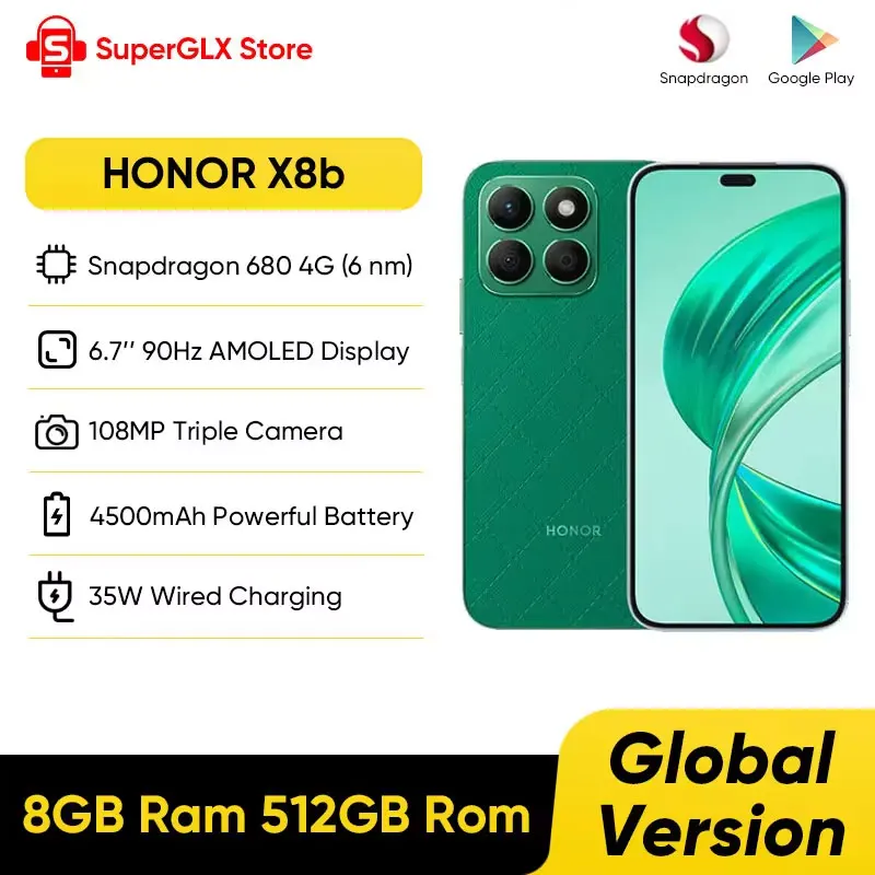 New HONOR X8b 4G Smartphone 8GB RAM 512GB ROM Snapdragon 680 6.7 inches 90Hz Refresh Rate Display 108MP Camera 4500mAh Battery