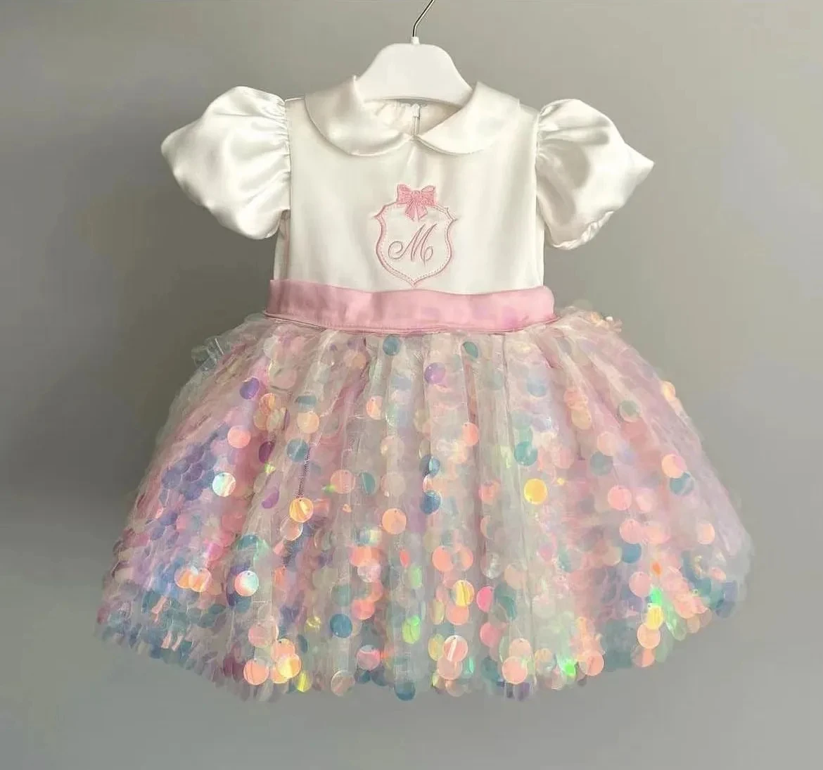 0-12Y Baby Girl Summer Pink Sequin Embroidery Turkish Vintage Princess Dress for Birthday Holiday Easter Photography Eid