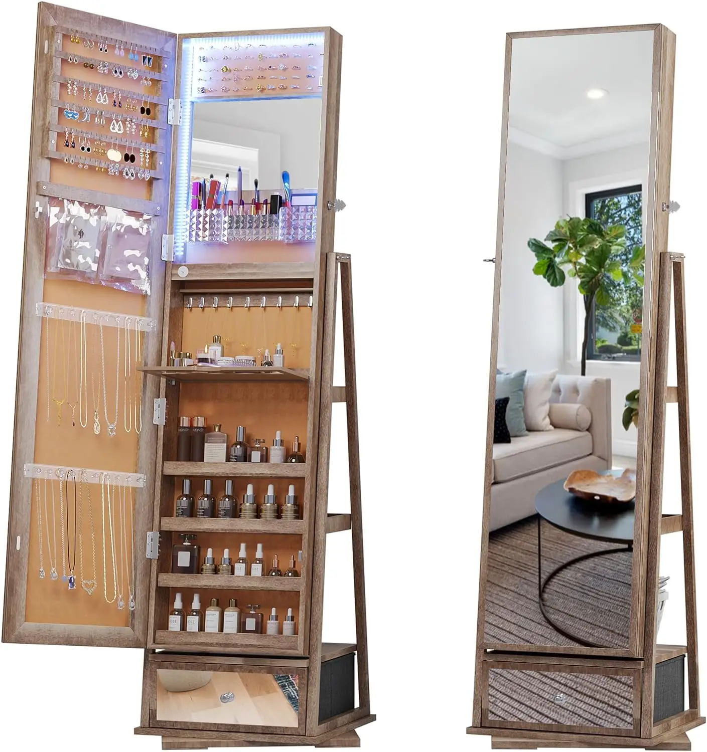 360° Rotating Jewelry Armoire Mirror Large Capacity Lockable Organizer Floor Dimmable LED Strip 4 Wheels Rear Storage Shelves