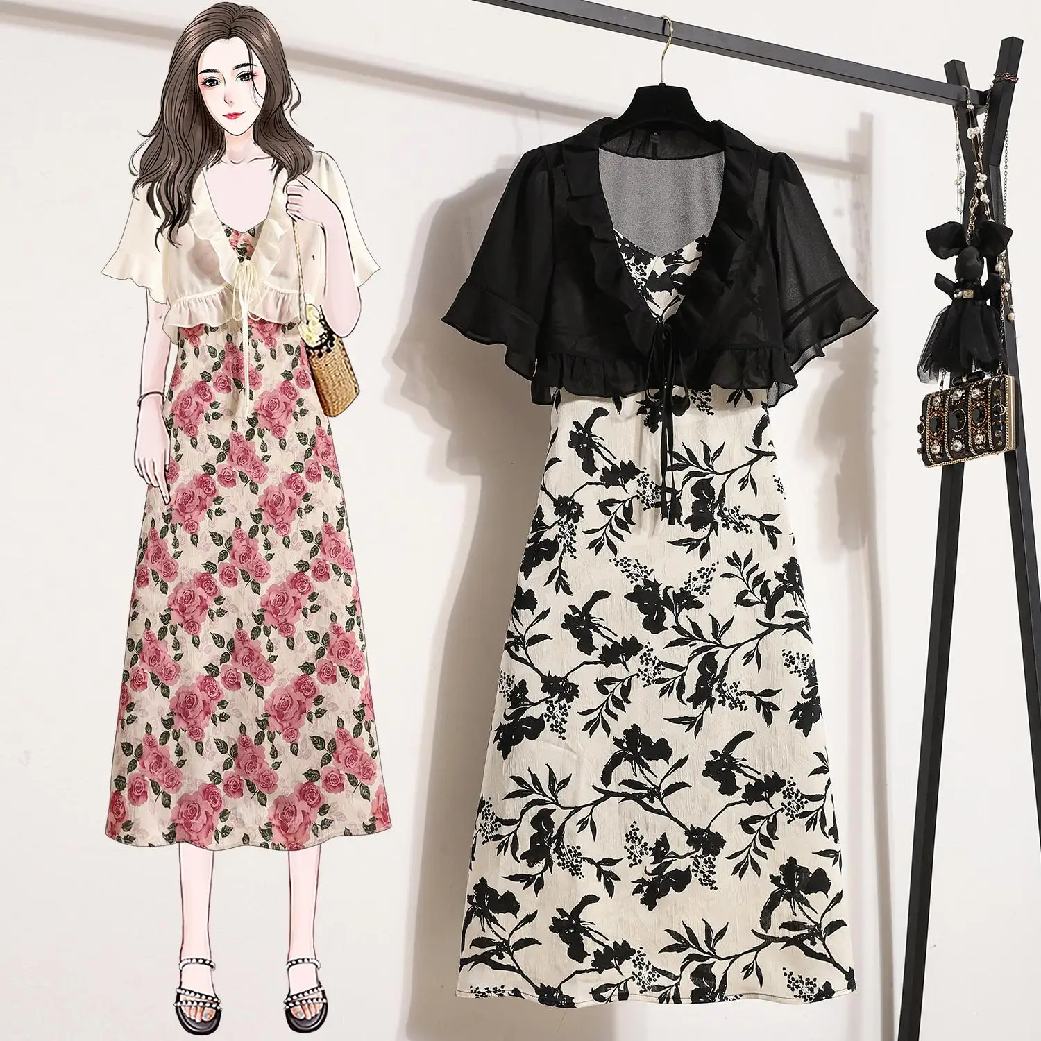 Summer Casual Two-piece Set For Women Ruffles Cardigan Tops And Floral Print Sling Dress Female Large Size Casual Matching Suits