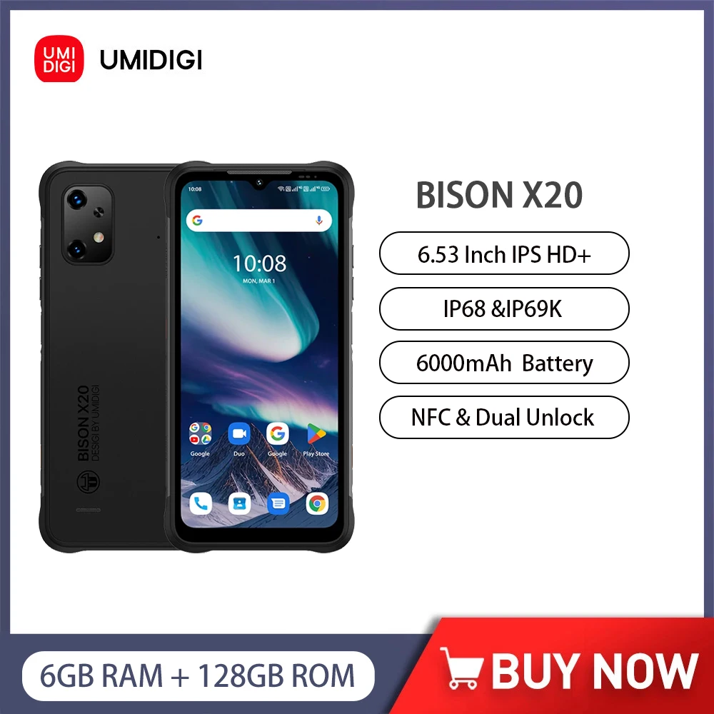UMIDIGI BISON X20 Rugged smartphone Android 13 MTK Helio P60 Octa-Core 6GB 128GB Mobile Phone 6.53" HD 6000mAh 4G Cellphone