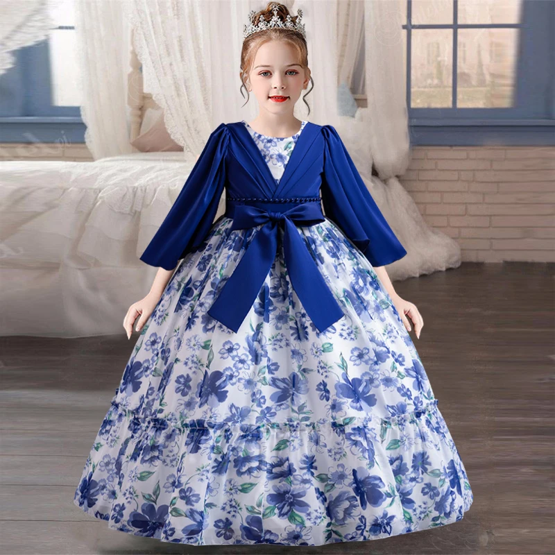 Girl's Pearl Bow Princess Dress 2026 New Fashion Printed Casual Dress Fashion Elegant Carnival Birthday Host Performance Dr