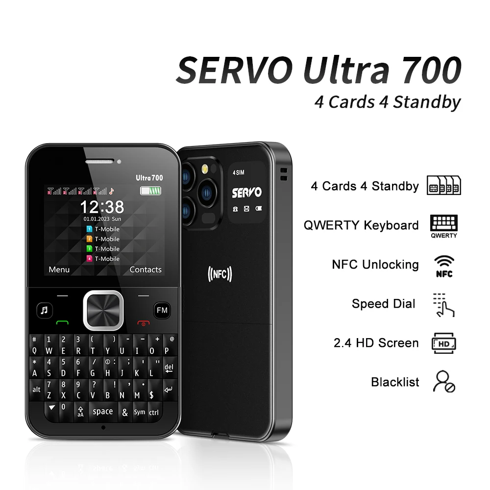 NEW! SERVO Ultra700 Full Keyboard Input Mobile Phone 4 Nano SIM Standby NFC Unlock FM Torch 2.4" Screen Cellular QWERTY Key
