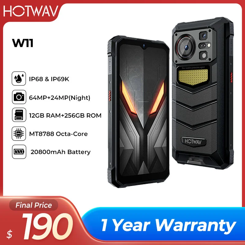 New HOTWAV W11 Rugged Smartphone 6.6'' FHD+ 24MP Night Vision 6GB+256GB 20800mAh 280LM Flashlight 33W Fast Charging Ce