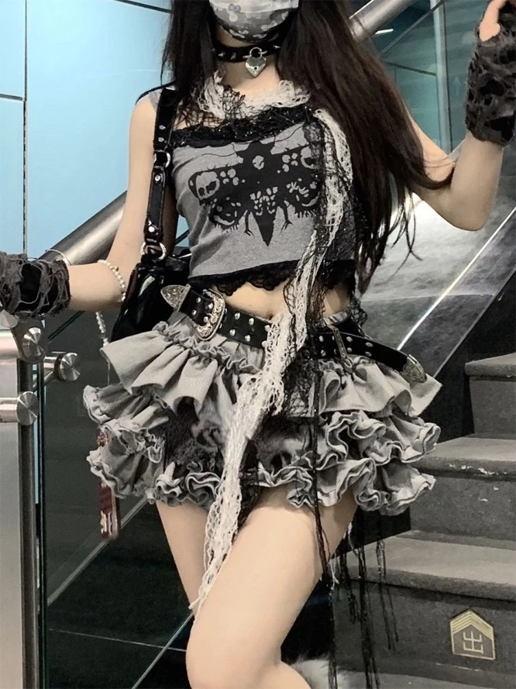 Fashion Sweet Lace Slim Fit Camisole Tops Women+ Y2k Kpop High Waist Ruched Cake Skirts 2024 Summer New Two Piece Sets