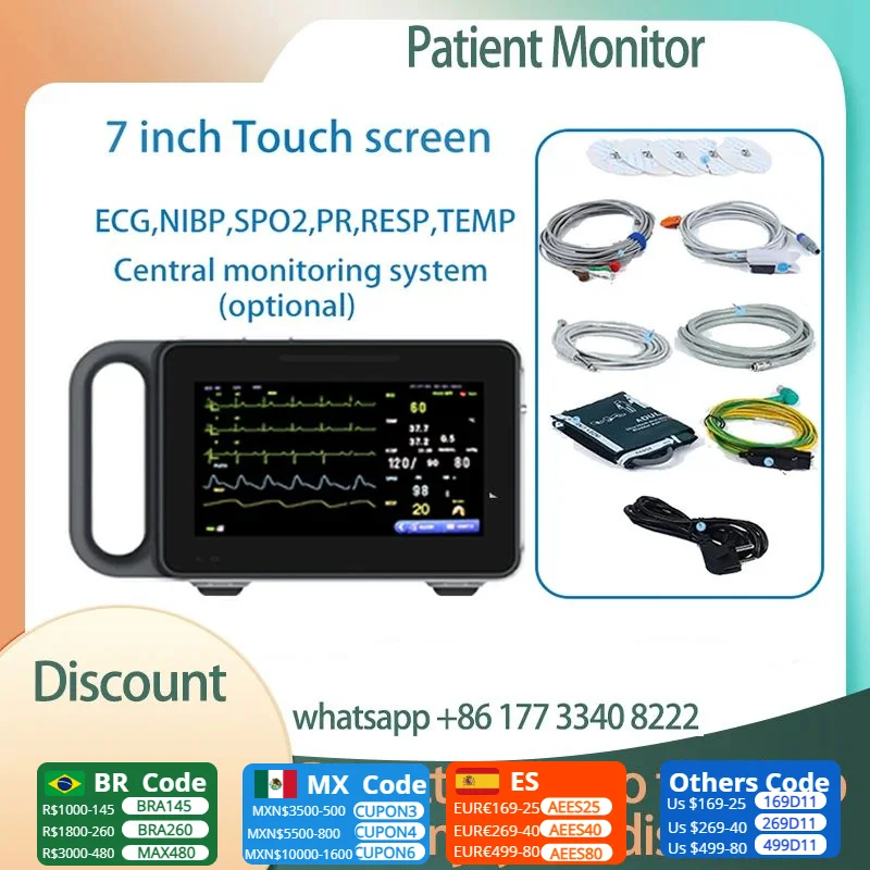 7 inch Touch screen portable 6-parameter monitor ECG/NIBP/PR/SPO2/RESP/TEMP patient monitor vital signs monitor