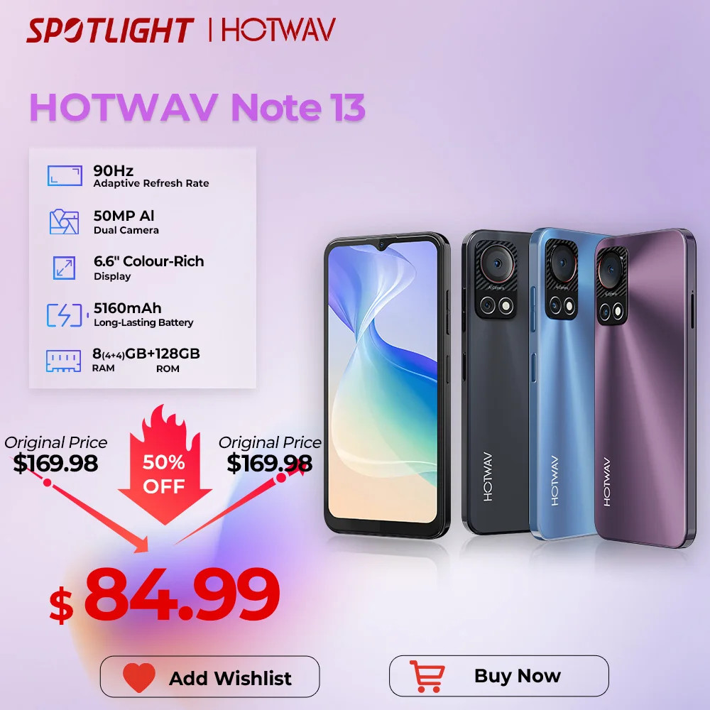 [World Premiere] HOTWAV Note 13 Smartphone 6.6'' HD+ 90Hz Android 13 8GB+128GB Octa-Core Mobile Phone 50MP 5160mAh Cel