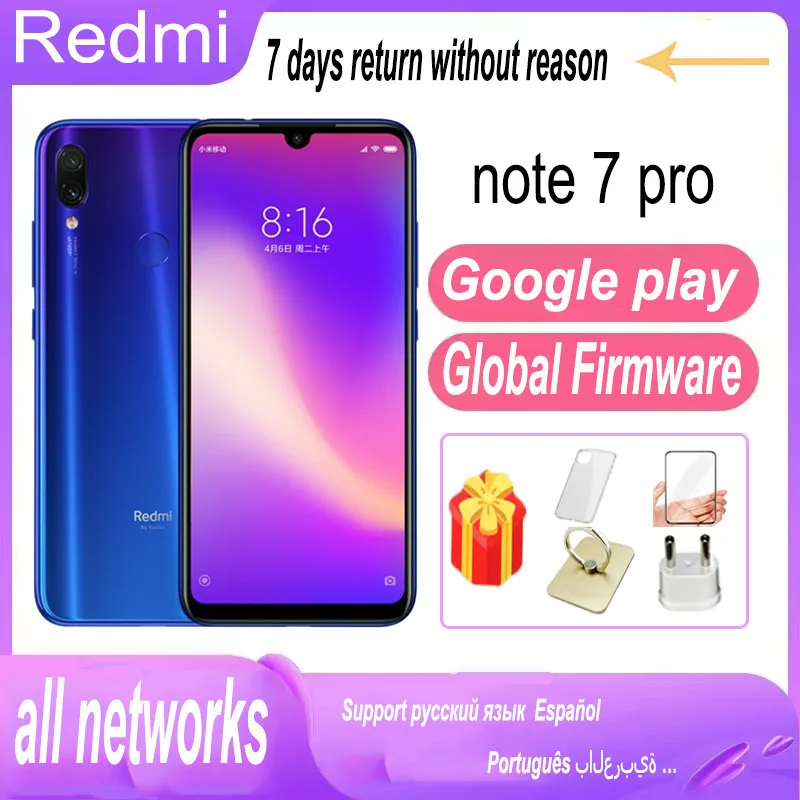 Smartphone Global firmware Xiaomi Redmi Note 7 Pro Celular 6G 128G Message free adapter EU.UK. US, AU used phones no charger