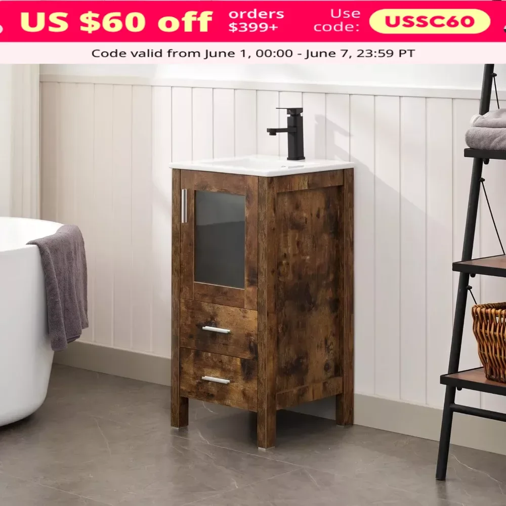 16" Bathroom Vanity Set, Small Bathroom Vanity with Ceramic Basin, with Door and Drawers, Bathroom Vanity (Without Faucet)