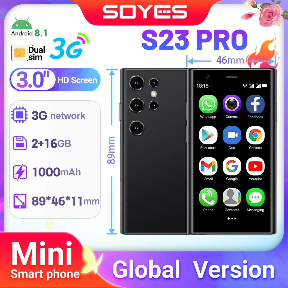 SOYES S23 Pro: Ultra-Thin & Handy Android Phone | 3.0" Mini Phone | Android 8.1, 2+16GB, Dual SIM, 1000mAh, 3G Smart Ph