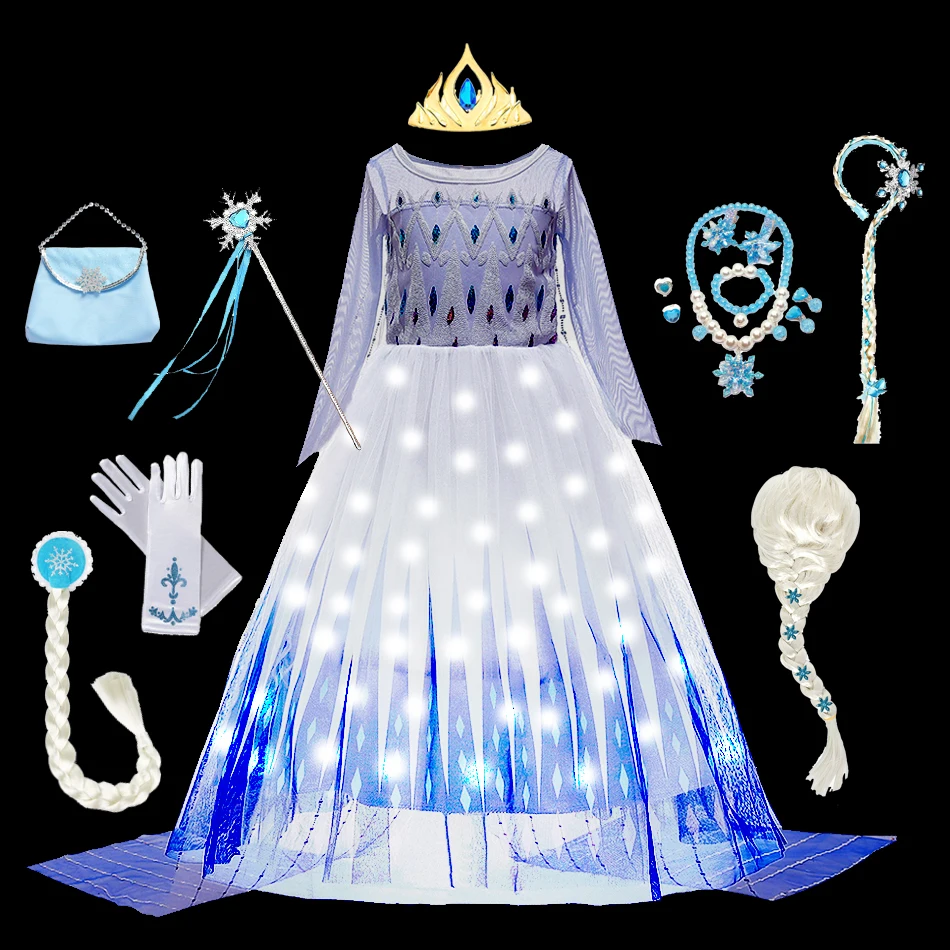 Frozen Princess Elsa Long Sleeve Glowing LED Dress for Girls Kids Cosplay Party Clothes Snow Queen Carnival Christmas Prom Gown