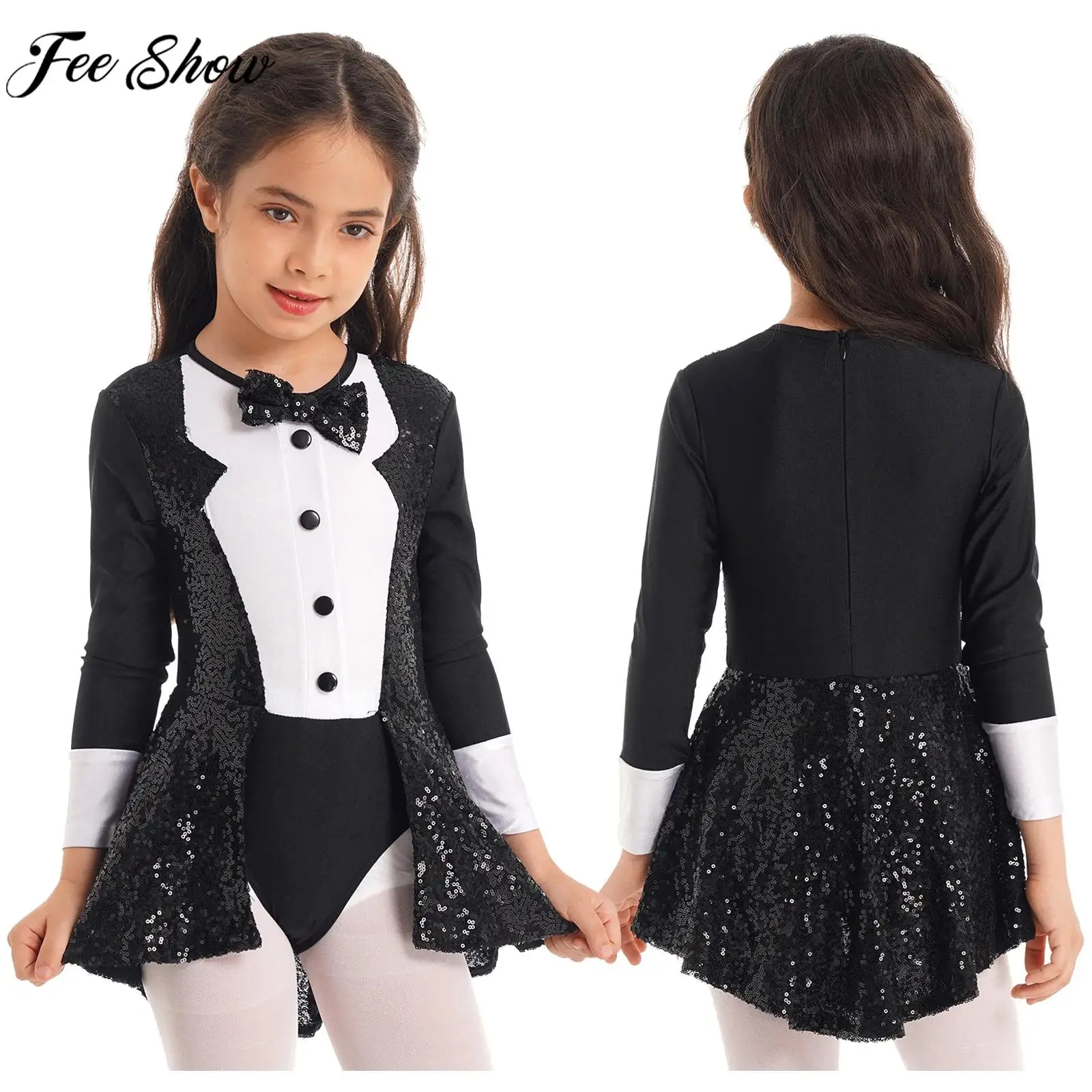 Child Girls Circus Ringmaster Magician Cosplay Performance Bodysuit Dress Long Sleeve Bow Tie Sequin Leotard Jazz Dance Costume