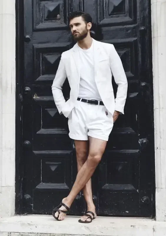 White Casual Men Suit Short Pant Summer Beach Slim Fit 2 Piece Groom Tuxedo High Quality Custom Prom Blazer Sets Terno Masculino