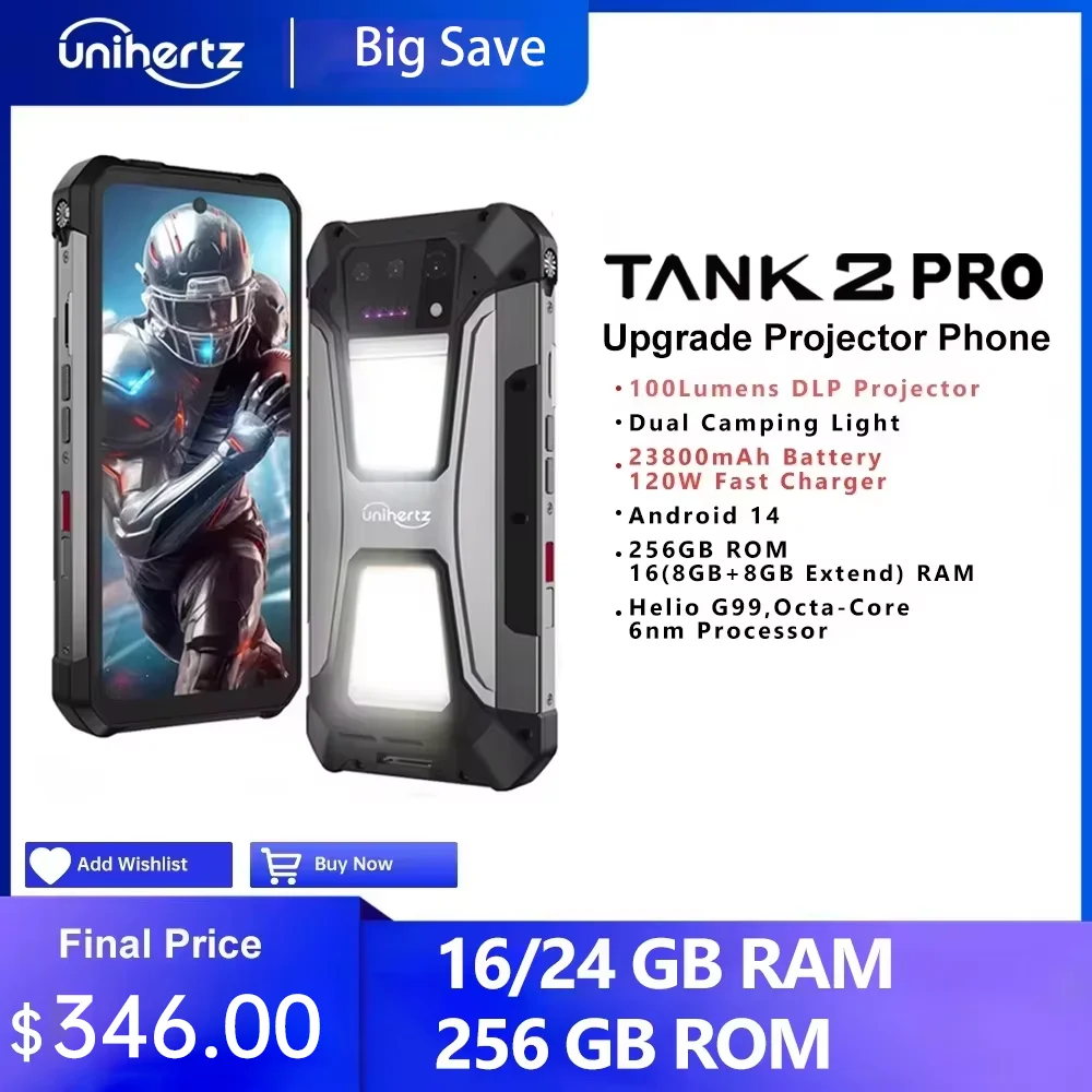 Unihertz tank 2 Pro 8849 rugged smartphone with projector 2.4K 23800 mAh 24GB + 512GB mobile phone Android 14 100MP NFC cell pho