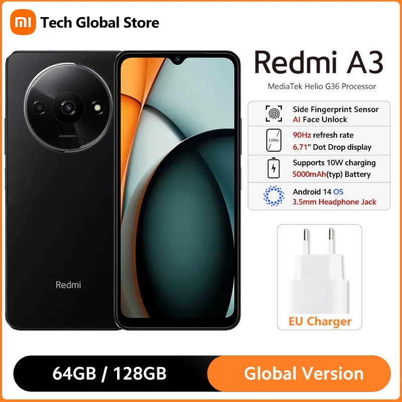 Global Version Xiaomi Redmi A3 64GB 128GB Smartphone MediaTek Helio G36 Octa Core 6.71" 90Hz Dot Drop Display 5000mAh Batte