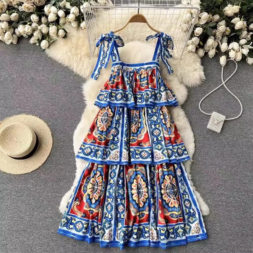 2024 New Summer Runway Holiday Cake Midi Dress Boho Women's Sleeveless Tank Bow Flower Print Multilevel Ruffles Loose Vesti