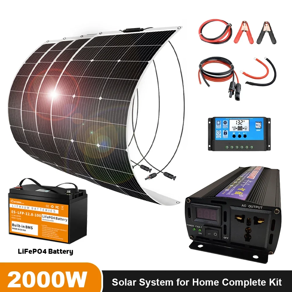 2000W Solar System Kit WaterProof Single Crystal Solar Panel Camping RV Home Charging 12V With Battery
