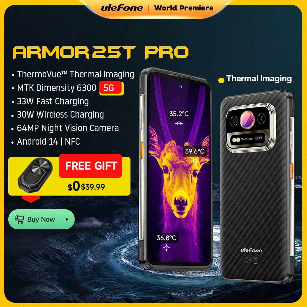 Ulefone Armor 25T Pro 5G Thermal Imaging Rugged Phone Android 14 33W 64MP Night Vision Mobile Phone NFC Waterproof Smartphone