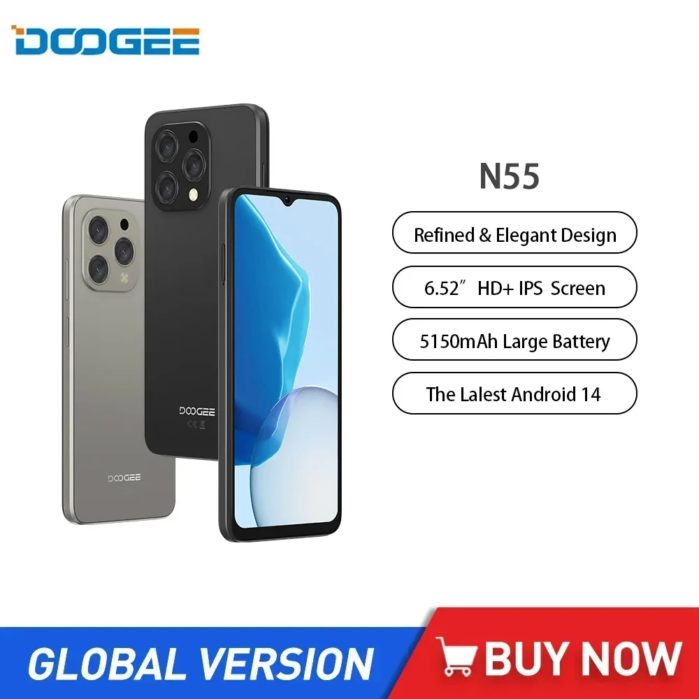 DOOGEE N55 Cheap Smartphone 6.56 Inch Octa Core 4GB+128GB Android 14 Mobile Phone 5150mAh Battery Face Unlock OTG Global Version