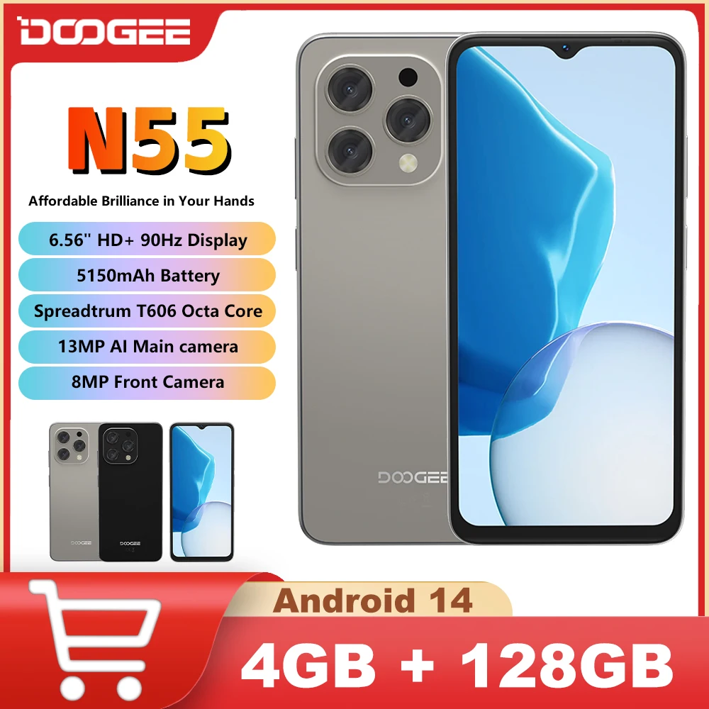 DOOGEE N55 Smartphone 6.56" 90Hz Display Spreadtrum T606 4G 5150mAh Battery 4GB+128GB 13MP Main Camera Face Unlock Android 