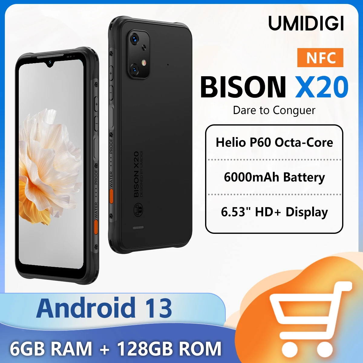 UMIDIGI BISON X20 Rugged Phone Smartphone Android 13 6.53" HD Screen 6000mAh Battery MTK Helio P60 Octa-Core 6GB+128GB NFC