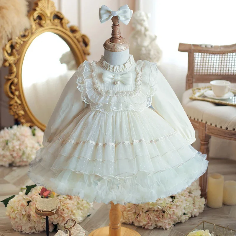 Girls Lolita Princess Dress 2024 New Children's Bow Lace Long Sleeve Mesh Dress Carnival Birthday Flower Girl Performance D