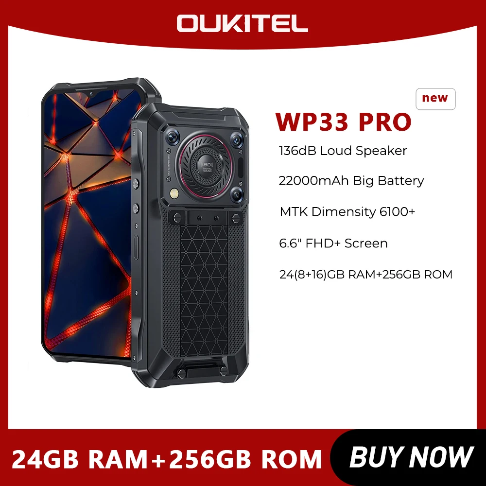 Rugged Smartphone Oukitel WP33 Pro 5G 24GB 256GB Mobile Phone 22000mAh 6.6" FHD+ Cell phone 64MP Camera 33W Dimensity 6100+