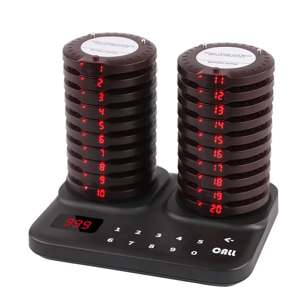 Wireless Restaurant Pager Calling System Coaster Pager Dual Charging Base 20 Beepers Buzzer For Food Truck Food Court Cafe Bar